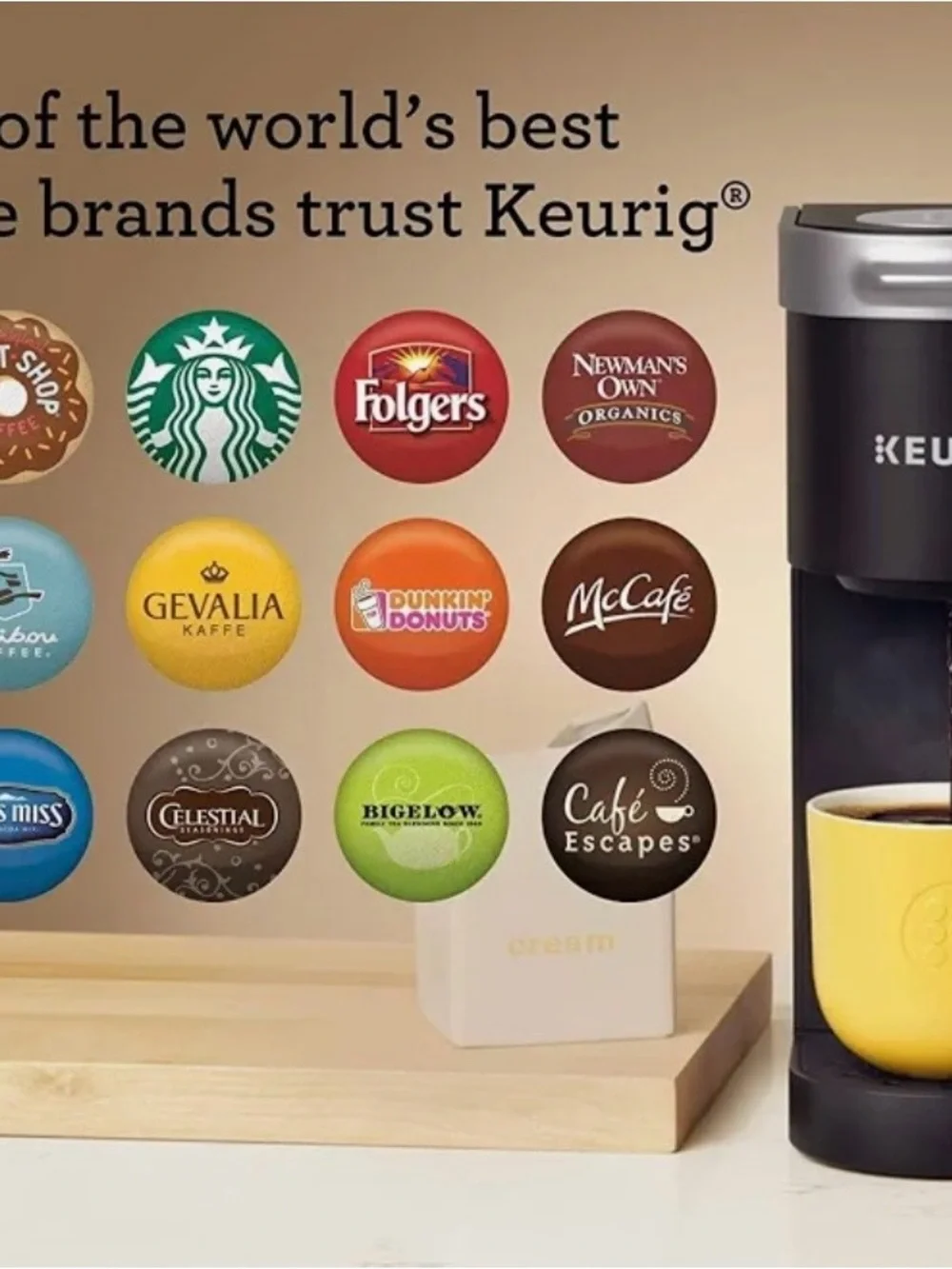 Keurig Black Brewer with Yellow Mug and Colorful Pod Display